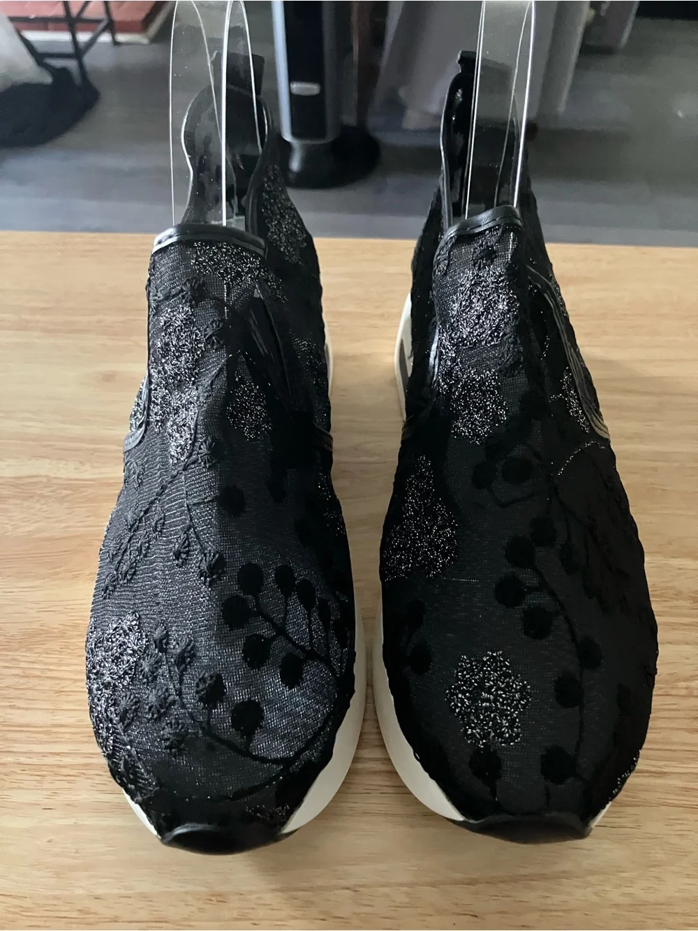 Black Lace Platform Slip-On Wedge Sneakers